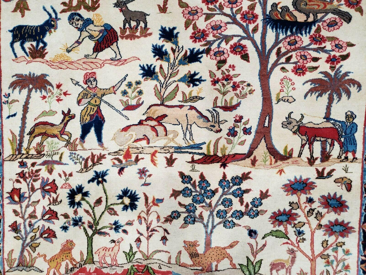 Antique Persian Isfahan Rug 5x7, Animal and Human Pictorials, Hand Knotted Fine Oriental Wool Carpet, Cream and Red, High KPSI, Vintage Rug 5 x 7 ft - Jewel Rugs, view 4