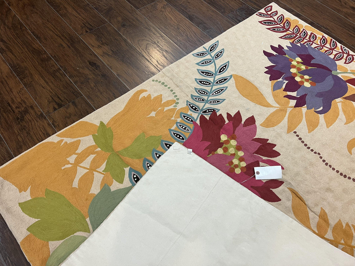 Indian Chain Stitched Rug 4x6, Hand Stitched Indian Embroidery Carpet, Large Floral Design, Contemporary, Cream and Colorful Flowers, Wool - Jewel Rugs, view 11