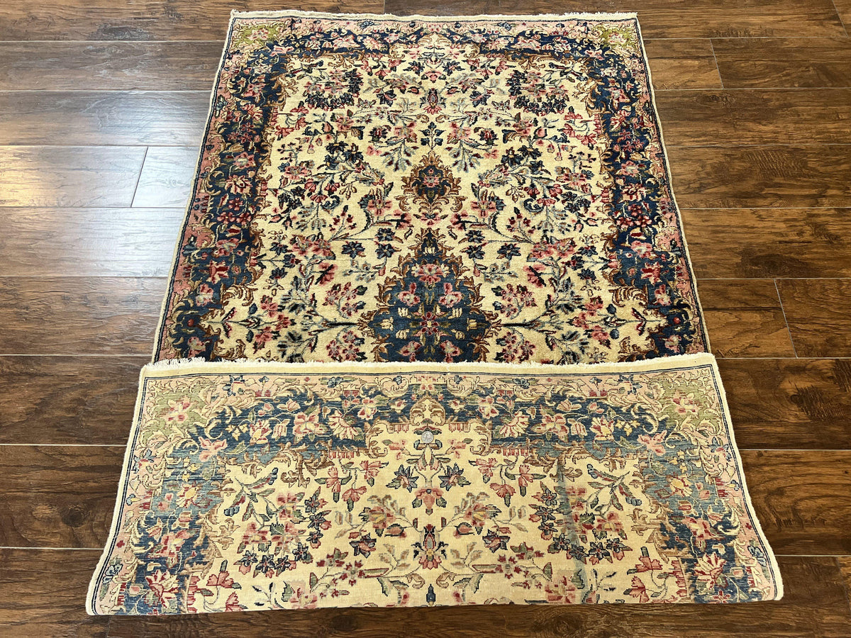 Antique Persian Kirman Rug 4x7, Cream and Navy Blue, Hand Knotted Wool Floral Carpet - Jewel Rugs, view 12