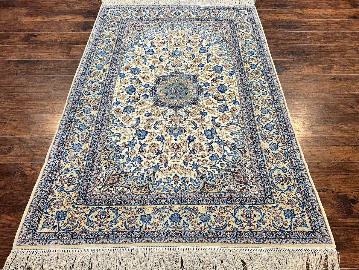 Persian Isfahan Rug 5x8, Kork Wool on Silk Foundation, 440 KPSI, Handmade Vintage Carpet, Floral Medallion Oriental Rug, Ivory & Blue, Very Fine - Jewel Rugs