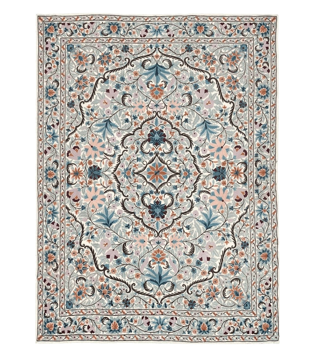 Chain Stitched Rug 9x12 Vintage Carpet 9 x 12 Flatweave Rug, Ivory Teal Rug, Area Rug 9 by 12, Hand Stitched Rug, Medallion, Indian Rug - Jewel Rugs
