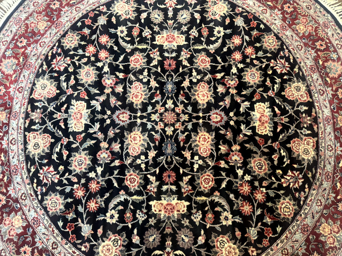 Round Sino Persian Rug 6x6, Floral, Navy Blue and Red, Wool and Silk Highlights - Jewel Rugs, view 9