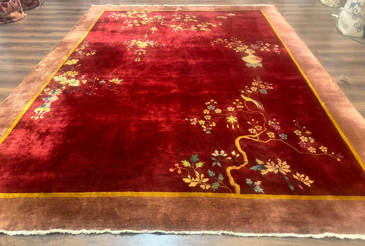 Red Chinese Art Deco Rug 9x11, Simple Design, Wool Chinese Area Rug, Antique - Jewel Rugs, view 2