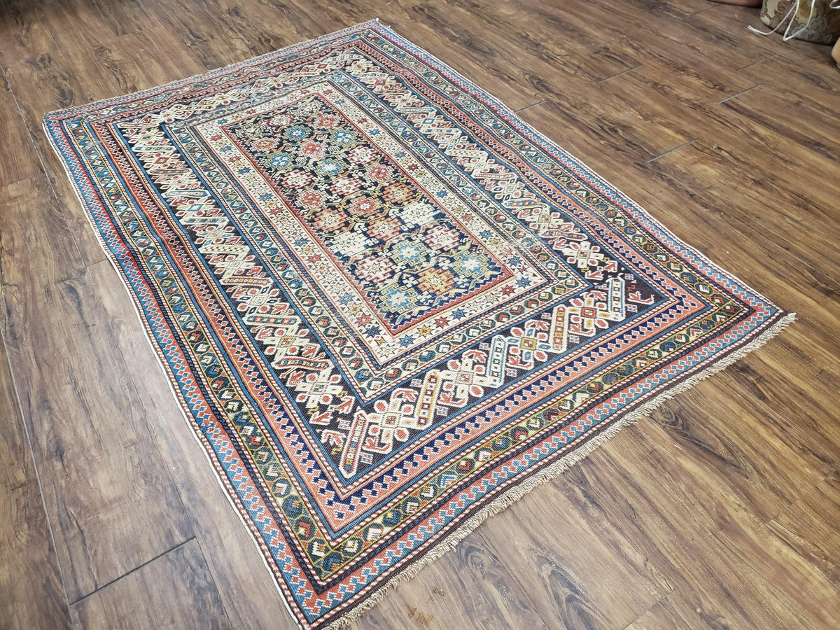 Caucasian Rug 3'9" x 5'7", Antique 1920s Collectible Caucasian Chi Chi Carpet, Hand Knotted, Colorful, Dark Blue Cream Red, Wool, Small Rug - Jewel Rugs, view 13