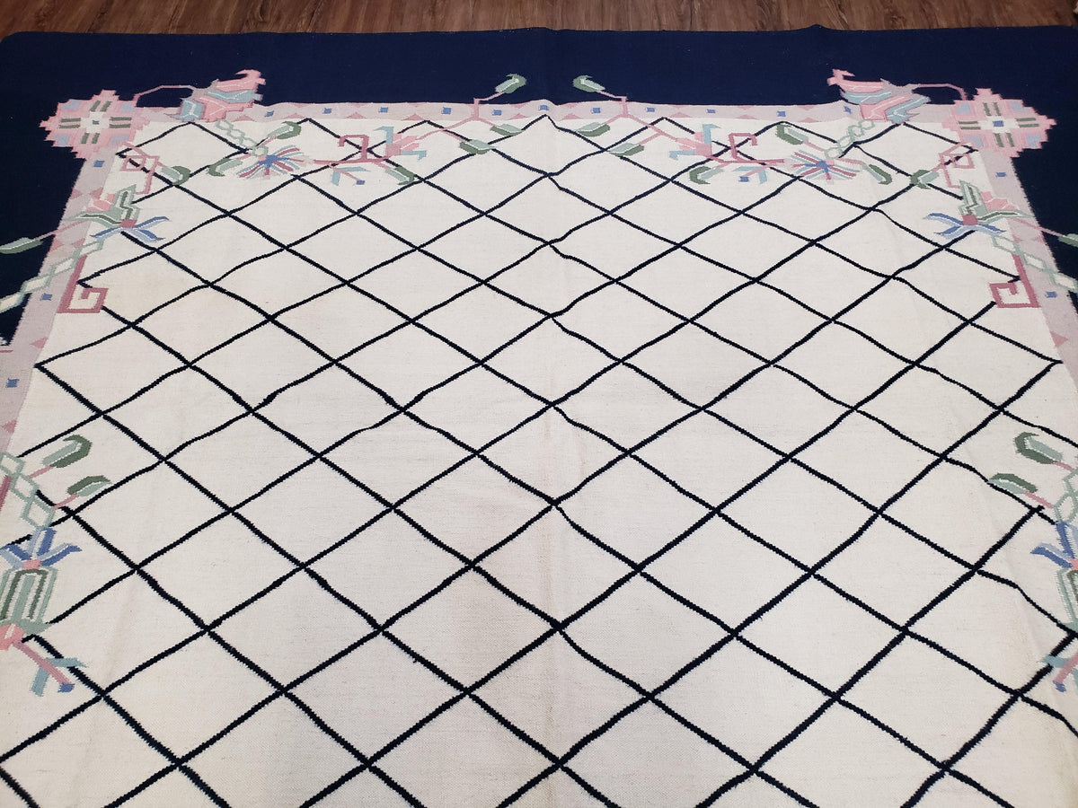 Vintage Dhurrie Rug, Indian Dhurrie 8x11 - 9x11, Wool Hand-Woven Ivory & Black Indo Carpet, Large Flat Weave Rug Living Room Rug Black White - Jewel Rugs, view 13
