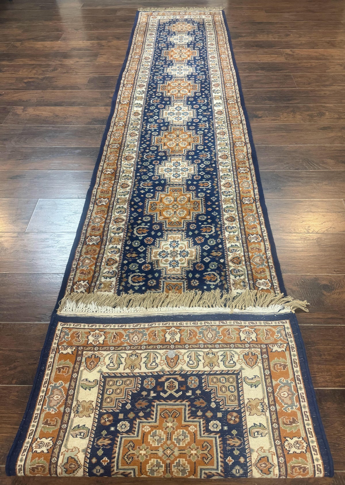 Indo Persian Runner Rug 2.6 x 12.7, Indian Kashmiri Runner for Hallway or Kitchen, Navy Blue, Geometric Medallions, Handmade Wool - Jewel Rugs, view 10