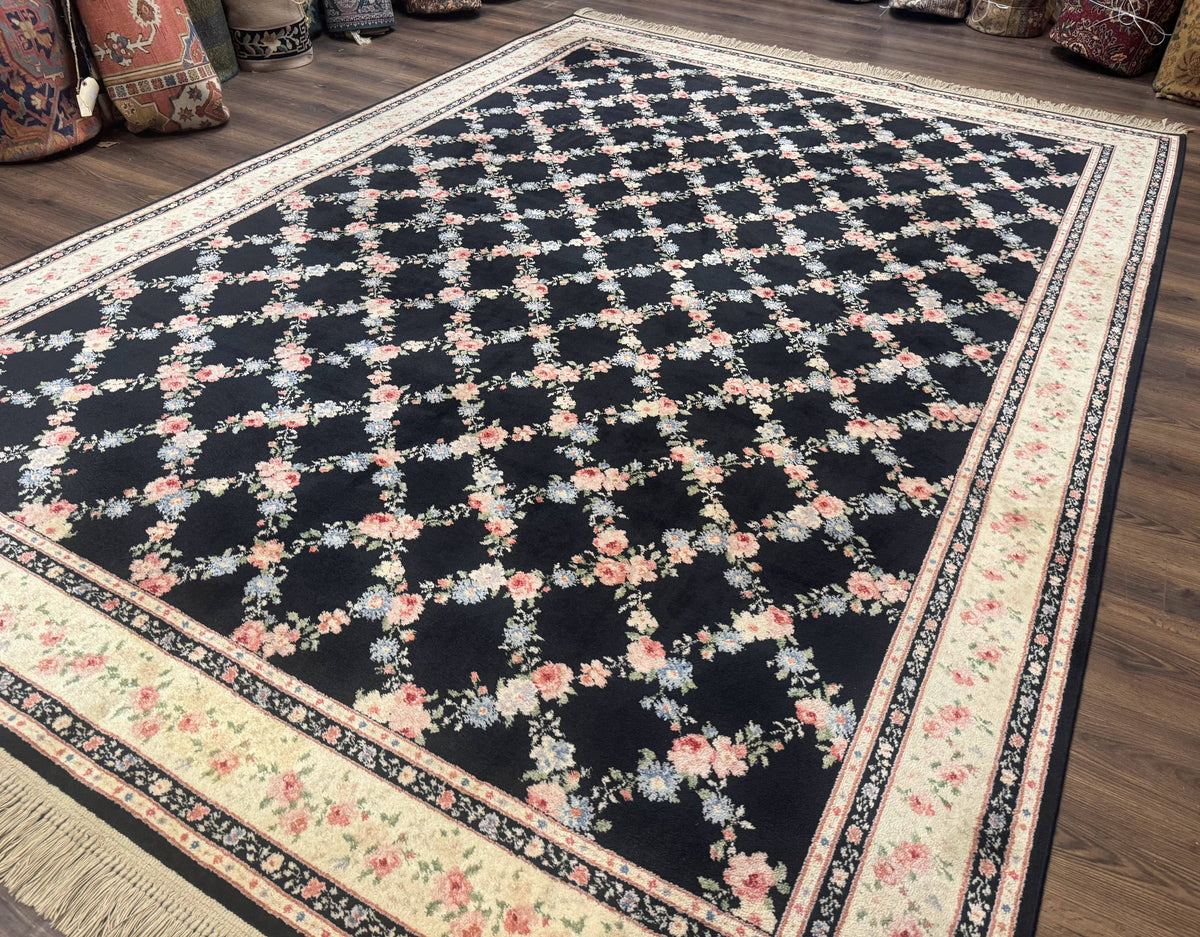 8.8 x 12 Karastan Garden of Eden Rug, Ebony Trellis #509/1270, Black, Floral, Wool Pile, Vintage, Discontinued - Jewel Rugs, view 3