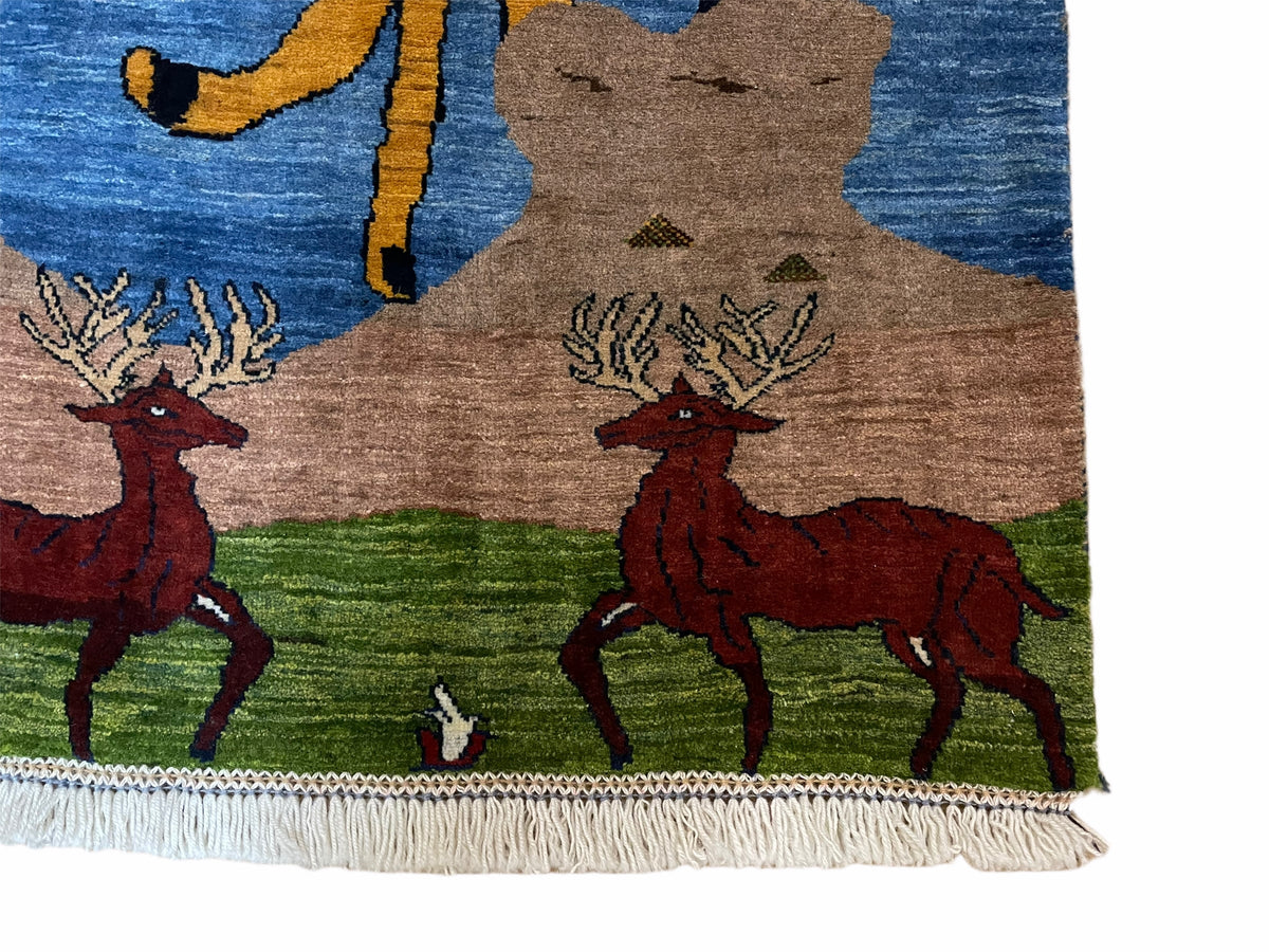 3 x 5 Handmade New Vintage Wool Blue Rug Leopard Lion Jaguar Deer Organic Dyes - Jewel Rugs, view 10