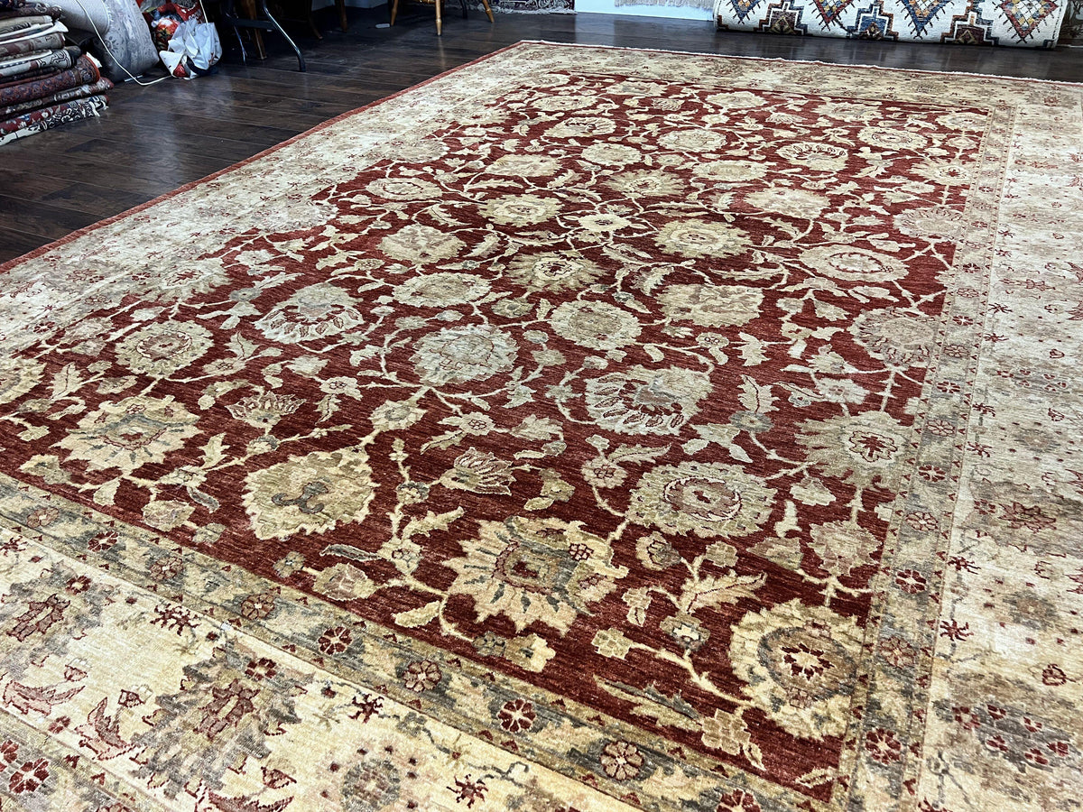 Pak Persian Rug 10x14, Sultanabad Mahal Peshawar Chobi Carpet, Large Vintage Wool Oriental Rug, Maroon & Beige, Floral Allover, Handmade - Jewel Rugs, view 3