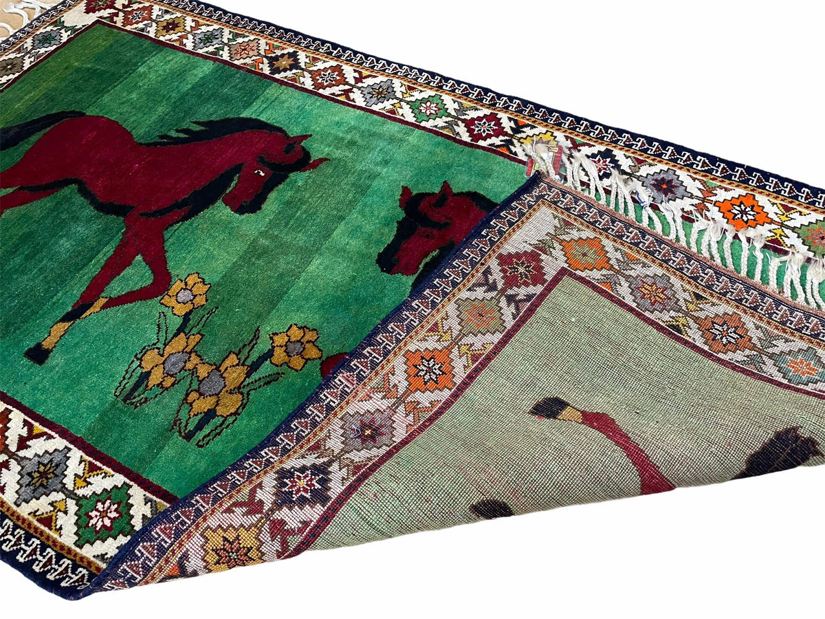4 X 7 Handmade Rug Zagros Quality Wool Pictorial Horses Green Butterfly Colorful - Jewel Rugs, view 8
