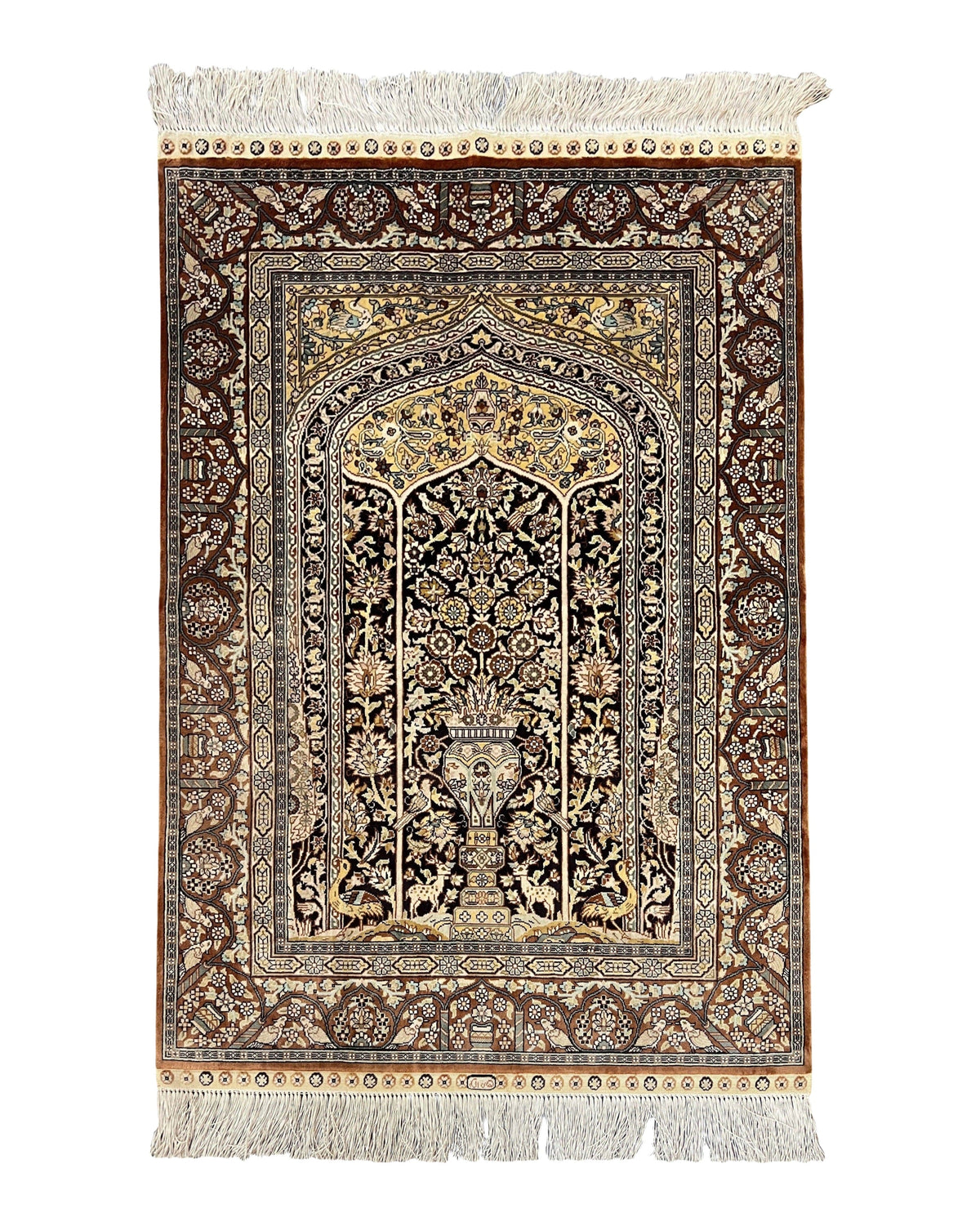 Turkish Silk Hereke Rug 2x3, Floral Vase Tree of Life Birds, Silk Pile on Silk Foundation, Vintage Oriental Carpet, Very Fine, Signature - Jewel Rugs