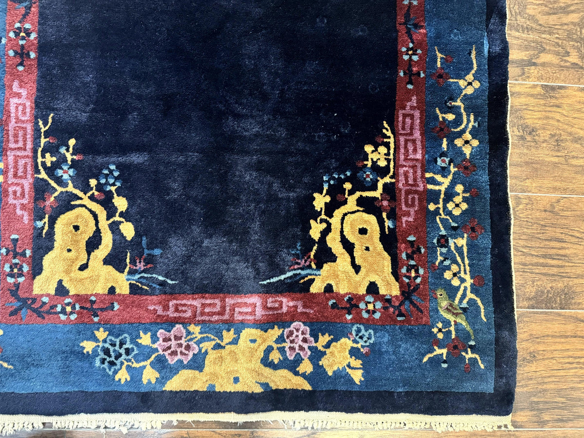 Antique Chinese Peking Rug 3x6, Dark Blue, Bird Motif, Handmade Wool Art Deco Asian Oriental Carpet, Pair B - Jewel Rugs, view 10