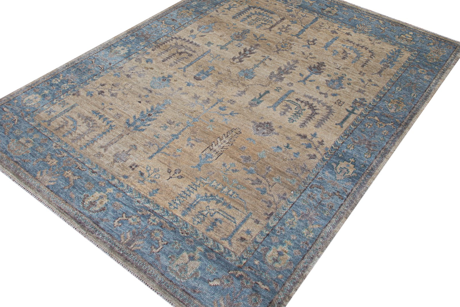 Traditional Oushak Hand Knotted New Zealand Wool Rug | Blue & Beige Vintage Floral Area Rug — 2x3 ft'