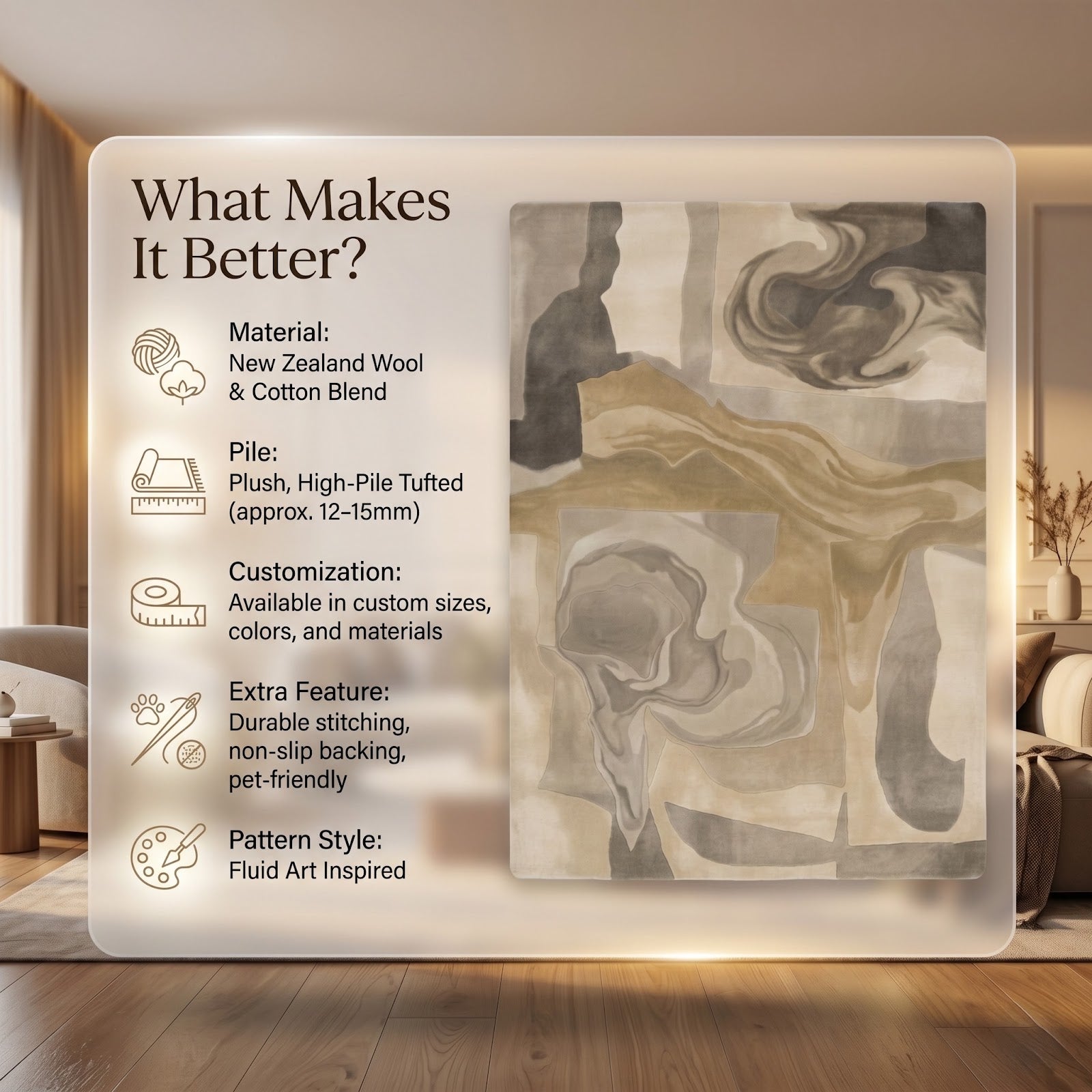 Modern Abstract Marble Hand Tufted Wool Rug | Neutral Swirl Art Area Rug — 2x3 ft'