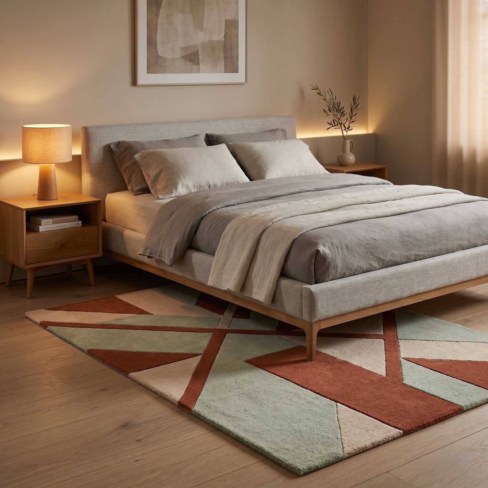 Modern Geometric Hand Tufted Wool Rug | Terracotta, Sage Green & Ivory Contemporary Area Rug — 2x3 ft'