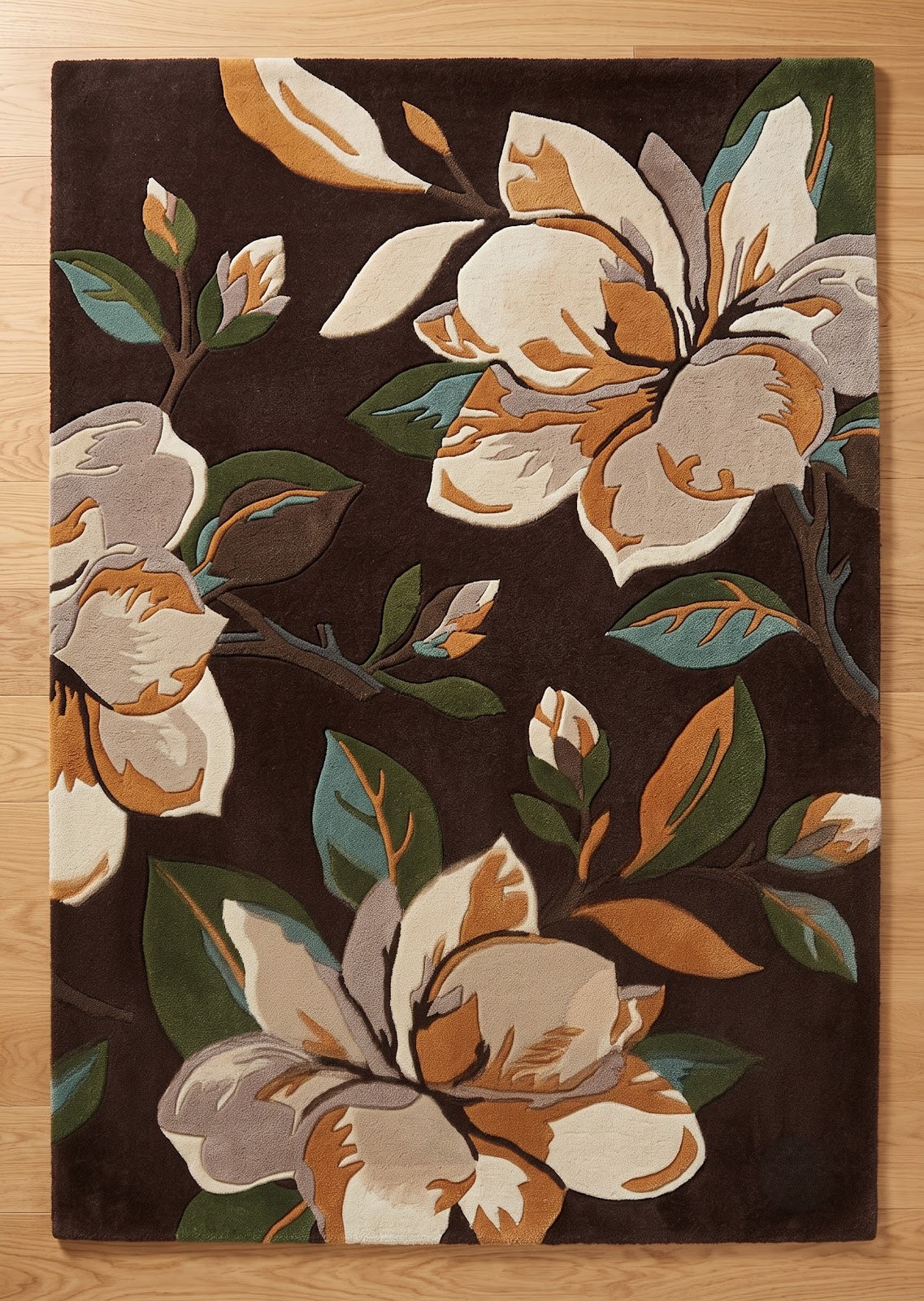 Magnolia Blossom Hand Tufted Wool Rug | Chocolate Brown Floral Botanical Area Rug — 2x3 ft'