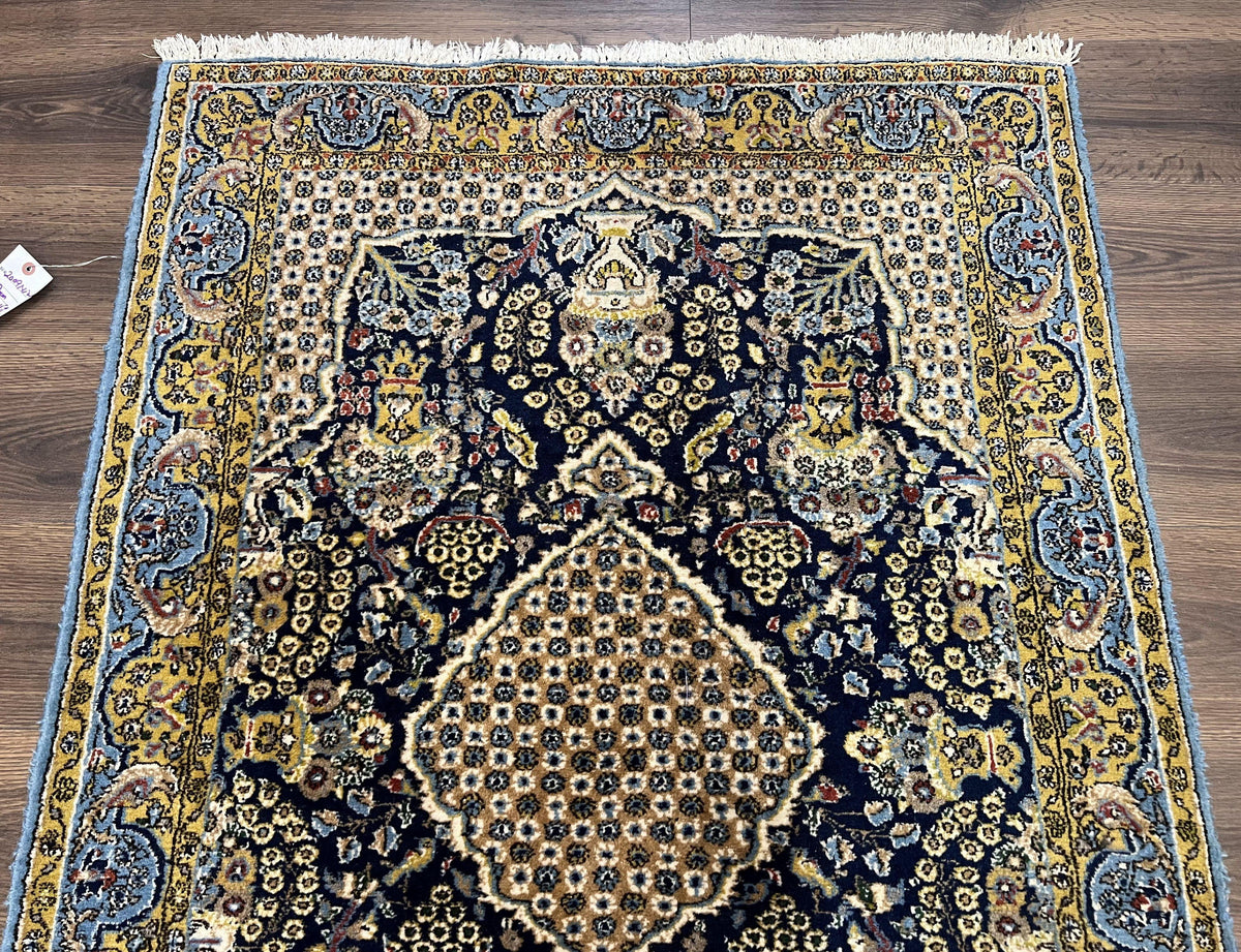 Fine Persian Qum Rug 3x5, Semi Antique Vintage Oriental Ghom Carpet, Floral Medallion, Highly Detailed, Hand Knotted, Navy Blue, Wool Area Rug, Birds - Jewel Rugs, view 4