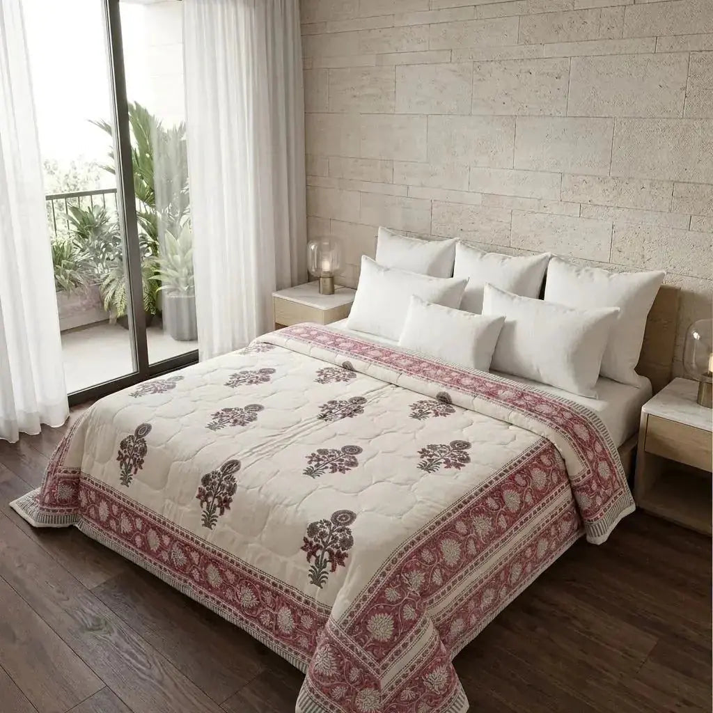 100% Cotton Muslin Reversible Comforter - Hypoallergenic Jaipur Hand Block Print