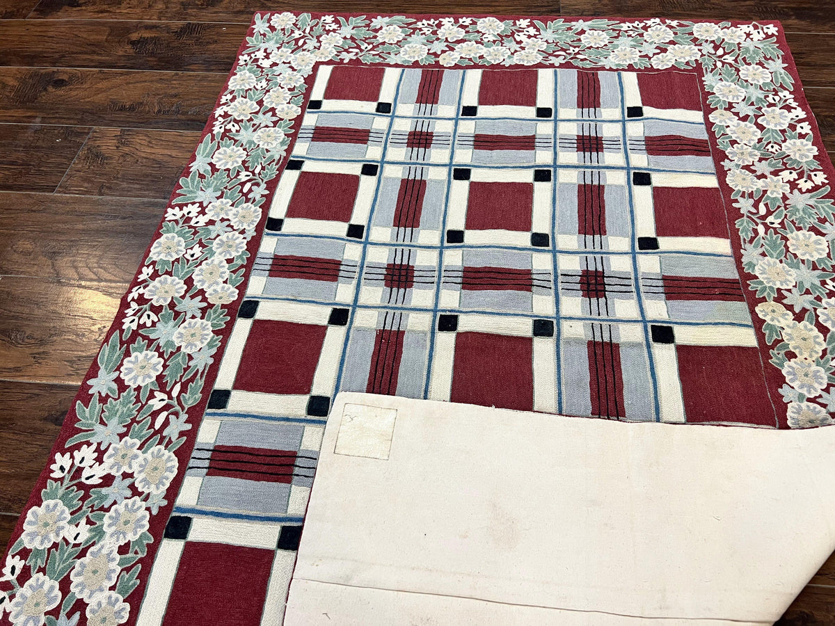 Indian Hand Stitched Rug 4x6, Vintage Carpet, Checkerboard Floral Pattern, Maroon Ivory, Flatweave, Wool - Jewel Rugs, view 12