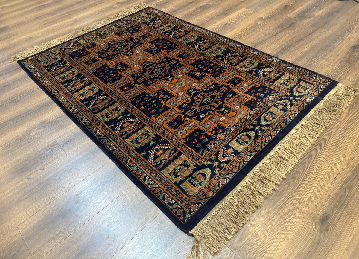 Vintage Afghan Rug 4x6, Navy Blue and Light Brown, Geometric Medallions, Wool on Wool, Tribal Rug - Jewel Rugs, view 13