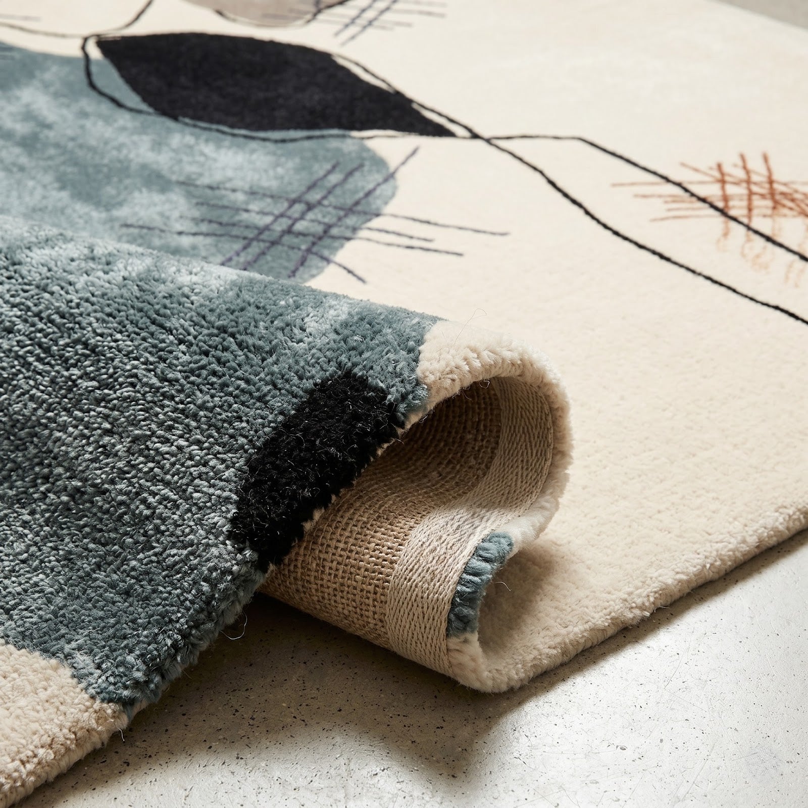 Gestural Abstract Wool & Viscose Rug | Ivory, Mist Blue & Charcoal Contemporary Art Area Rug — 2x3 ft'
