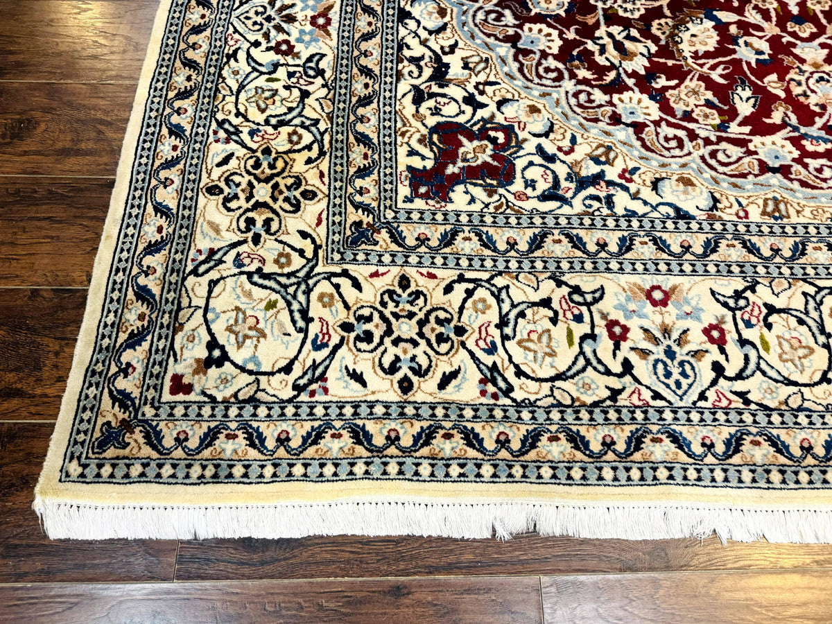 Persian Nain Rug 8x11, Wool and Silk Highlights, Burgundy & Ivory - Jewel Rugs, view 9