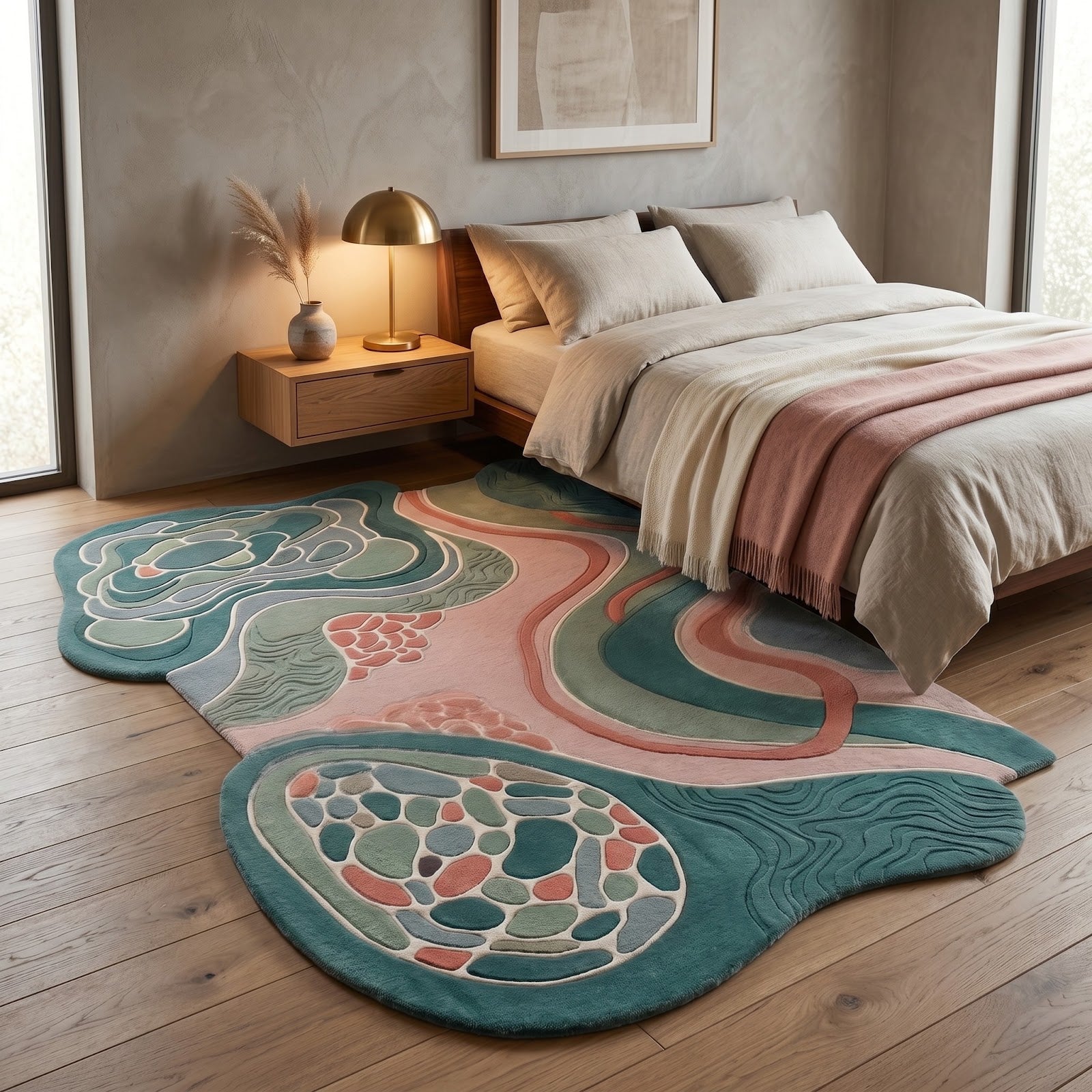 Abstract Botanical Hand Tufted Wool Rug | Irregular Organic Area Rug in Teal, Sage & Blush Pink — 2x3 ft'