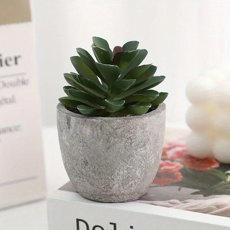 10pcs Mini Artificial Succulent Set - Modern Plastic Faux Plants in Gray Concrete Pots for Home Decor, Garden, Fish Tank, and Bonsai Decoration