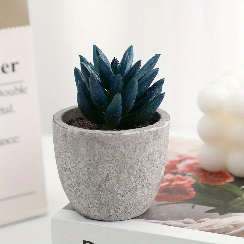 10pcs Mini Artificial Succulent Set - Modern Plastic Faux Plants in Gray Concrete Pots for Home Decor, Garden, Fish Tank, and Bonsai Decoration