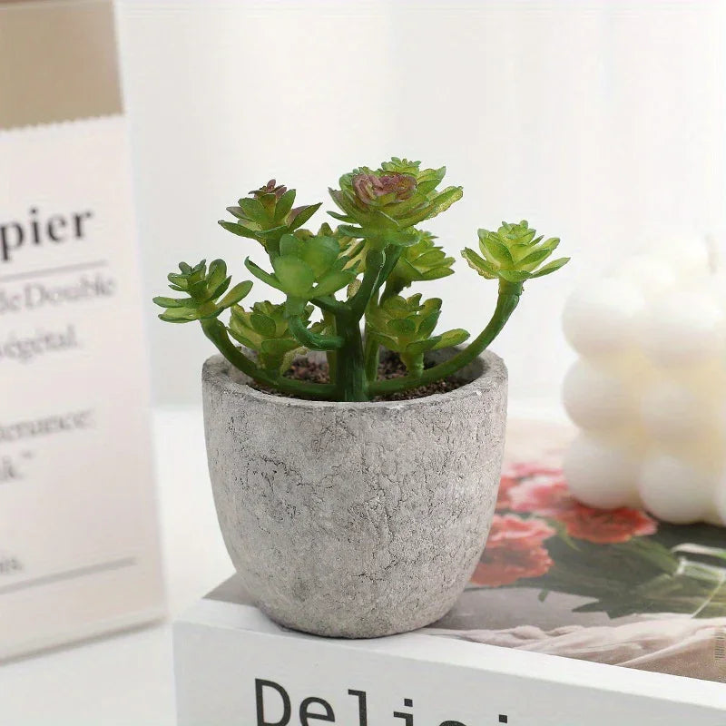 10pcs Mini Artificial Succulent Set - Modern Plastic Faux Plants in Gray Concrete Pots for Home Decor, Garden, Fish Tank, and Bonsai Decoration