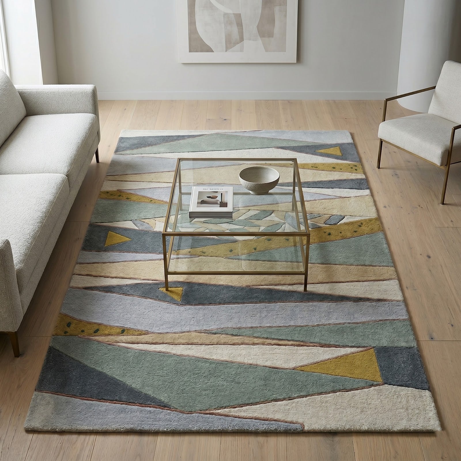 Modern Geometric Hand Tufted Wool Rug | Sage Green & Grey Abstract Contemporary Area Rug — 2x3 ft'