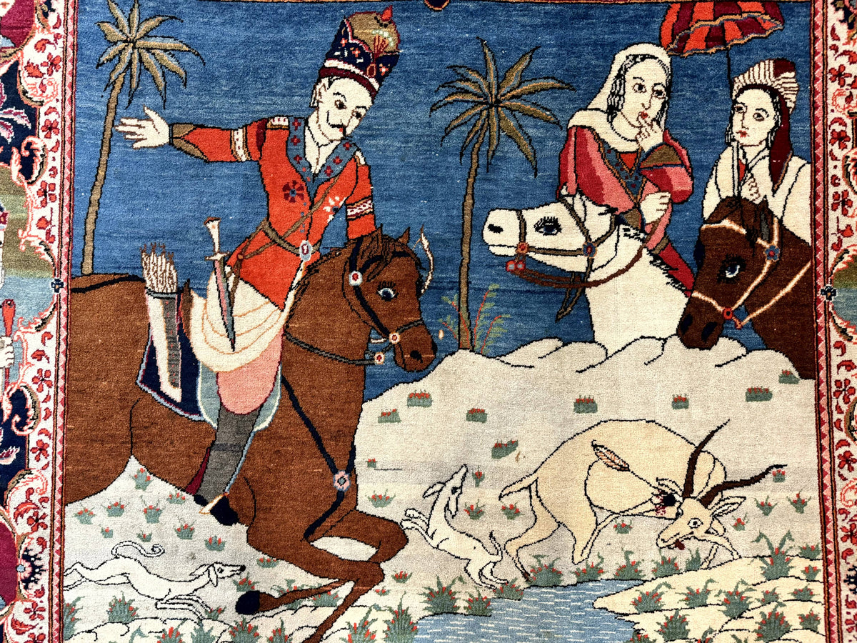Rare Persian Kashan Pictorial Rug 6x9, King Bahram Hunting Scene, Persian Kings, Hand Knotted Persian Rug for Wall Hanging, Antique, Wool - Jewel Rugs, view 6