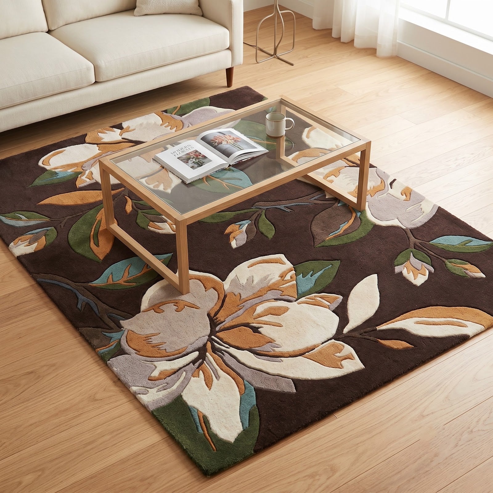 Magnolia Blossom Hand Tufted Wool Rug | Chocolate Brown Floral Botanical Area Rug — 2x3 ft'