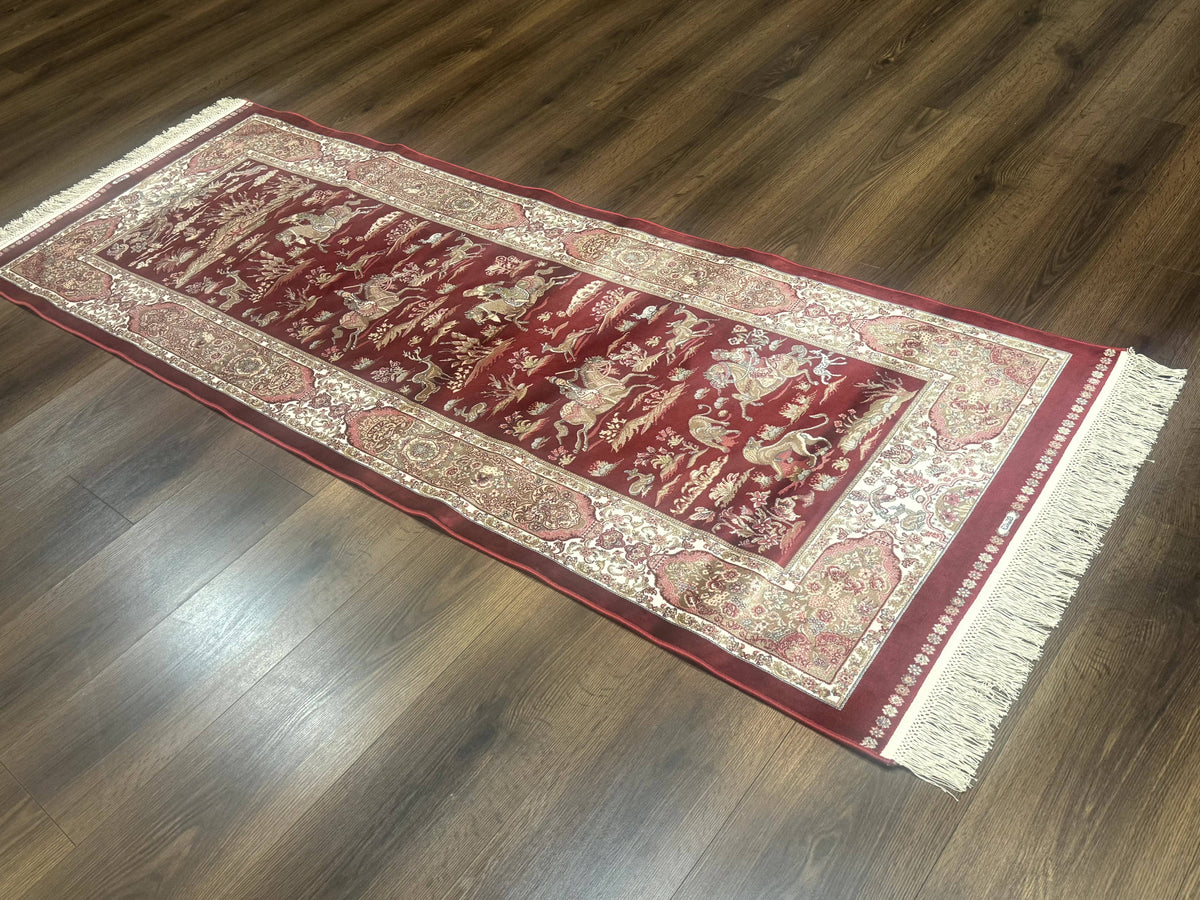 Turkish Silk Rug 2.6 x 6.7, Hunting Design, Short Runner Rug, Red & Ivory, Bamboo Silk, New - Jewel Rugs, view 13