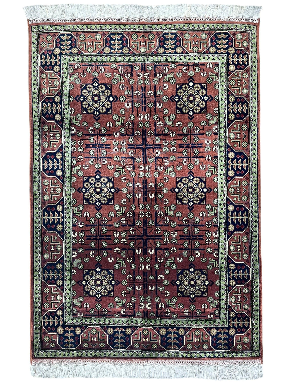 Afghan Turkmen Crosses Medallion Rug 3x5 | Rust, Navy, Green & Ivory | Hand-Knotted Wool - Rugistan