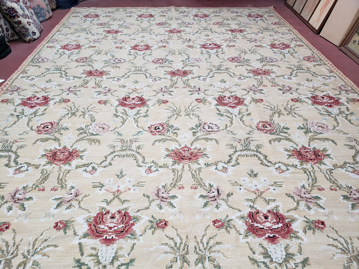 Needlepoint Rug 10x14 Wool Flatweave Carpet, English Floral Pattern, Pale Yellow, Roses, Allover Pattern, Handmade Large Needlepoint Nice - Jewel Rugs, view 2