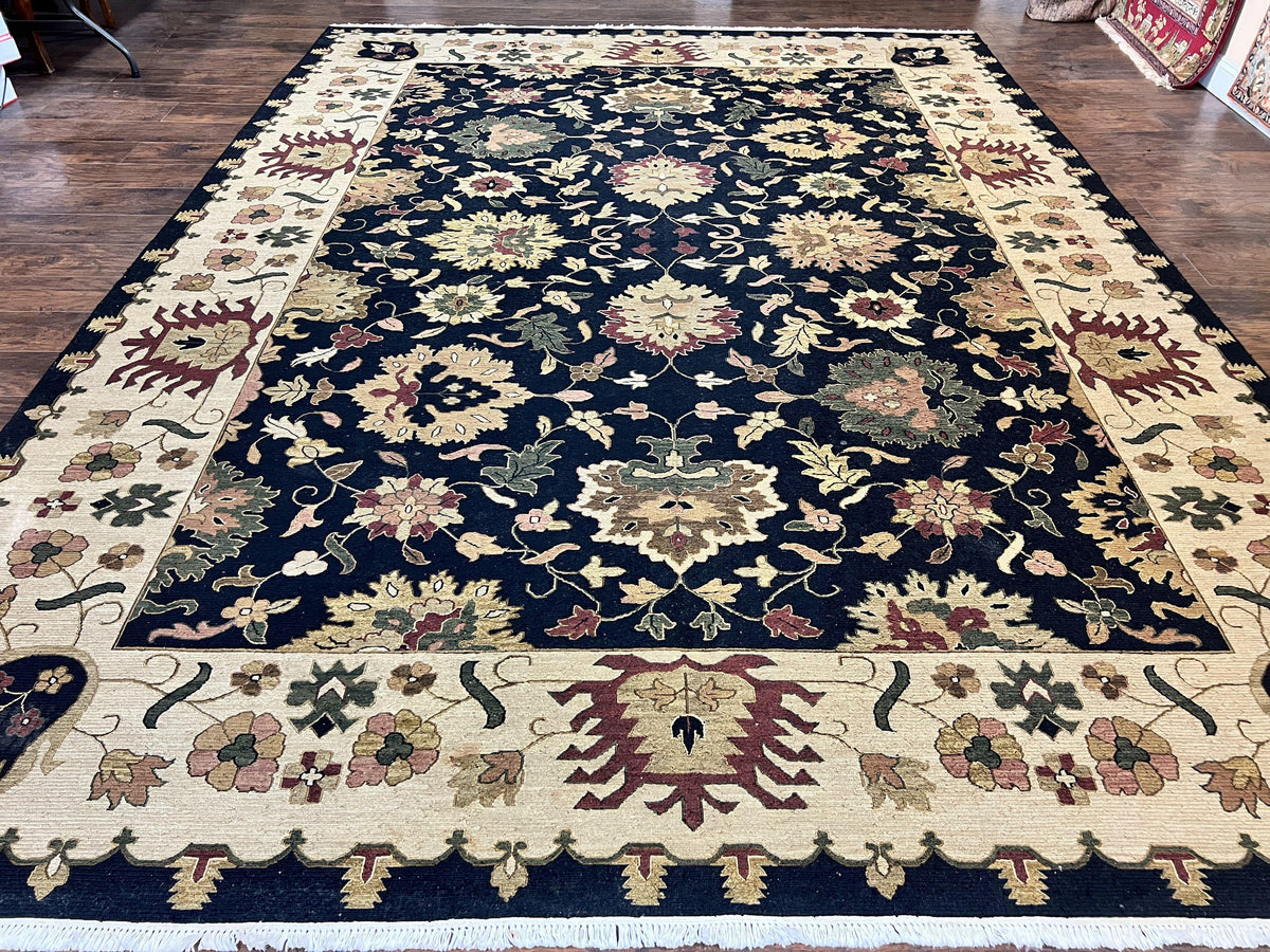 Indo Persian Rug 10x14, Wool Handmade Room Sized Floral Oriental Carpet, Indian Mahal Flatweave Rug, Black Beige - Jewel Rugs, view 2