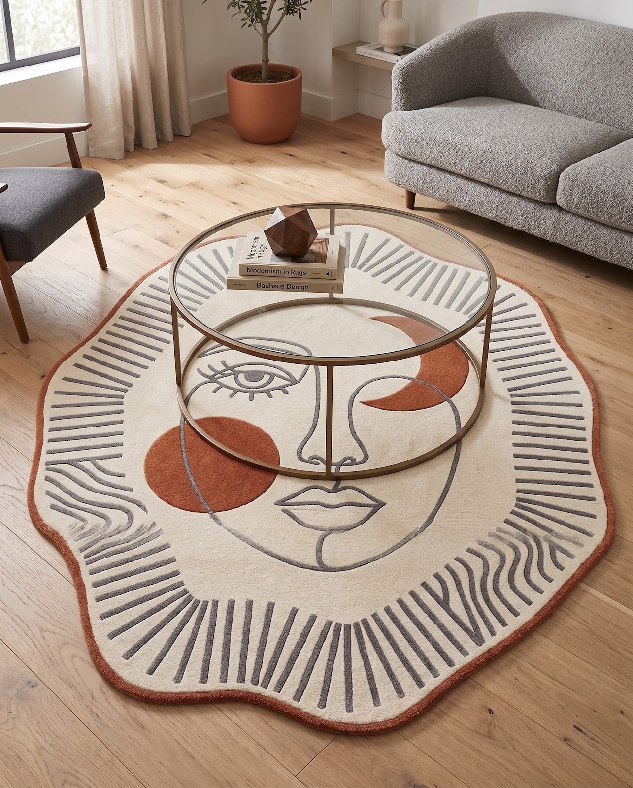 Celestial Face Hand Tufted Wool Rug | Ivory & Terracotta Abstract Art Irregular Shape Area Rug — 2x3 ft'
