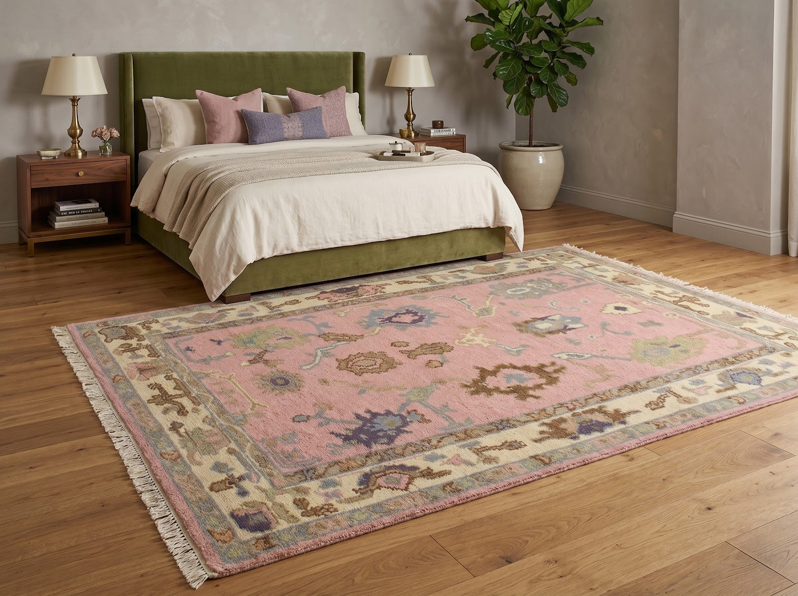 Vintage Oushak Hand Knotted New Zealand Wool Rug | Pink & Ivory Turkish Floral Area Rug — 2x3 ft'