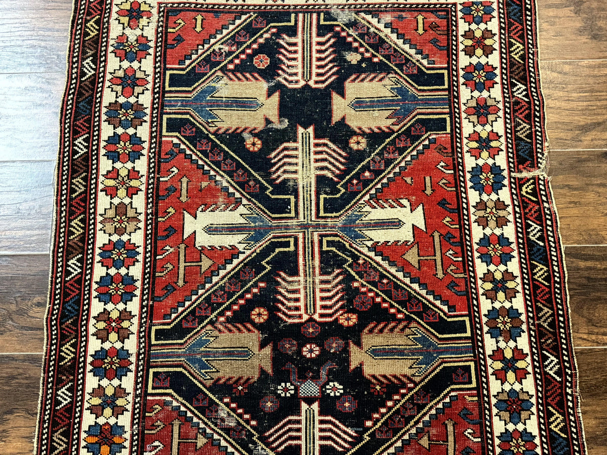 Antique Shirvan Caucasian Rug 3x5, Geometric Pattern, Red Navy Blue Beige - Jewel Rugs, view 11