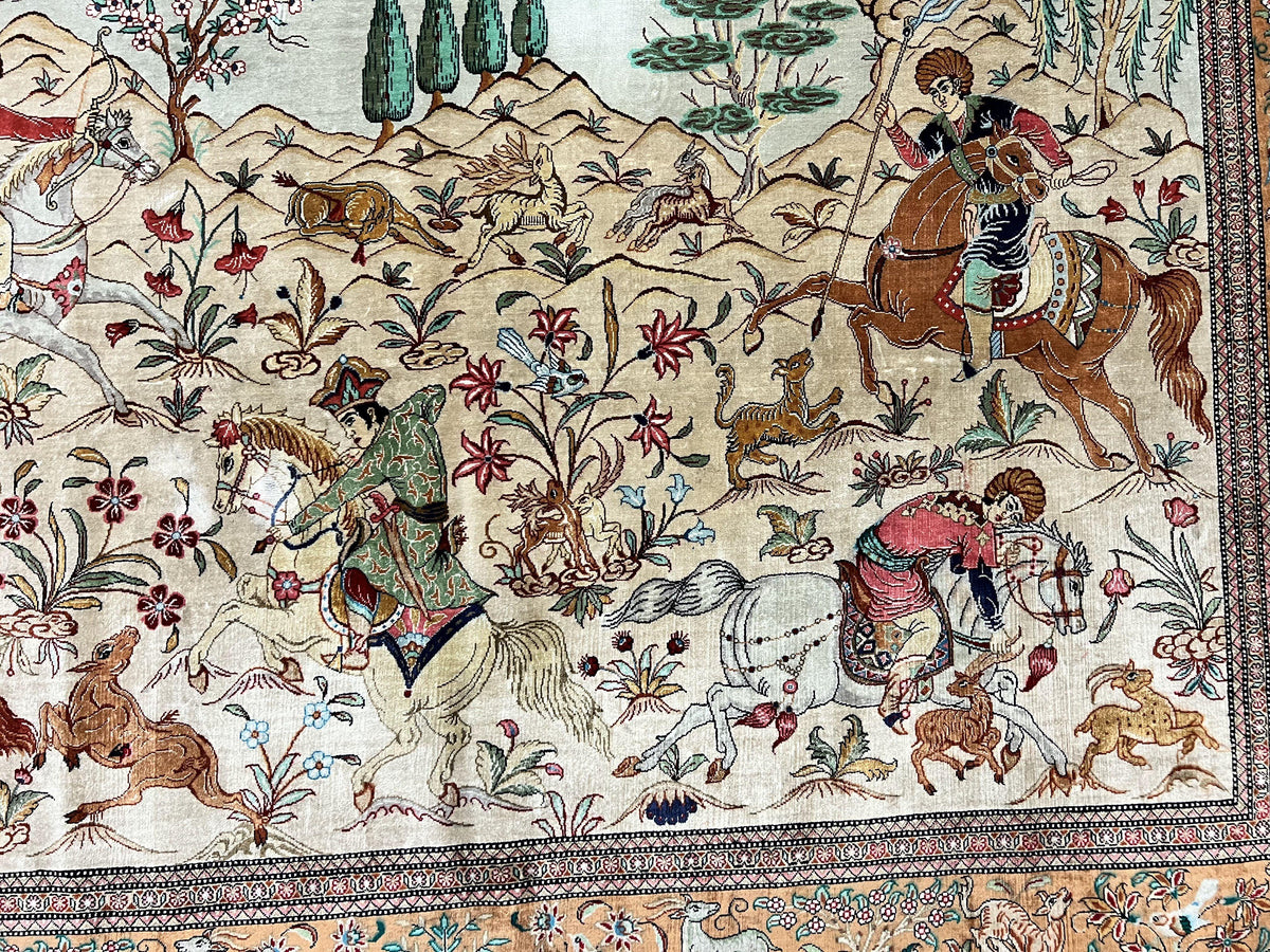 Silk Persian Qum Rug 3x5, Hunting Pattern, Handmade Vintage Carpet, Signed by Master Weaver, Horsemen Pictorials, Super Fine 650 KPSI - Jewel Rugs, view 3