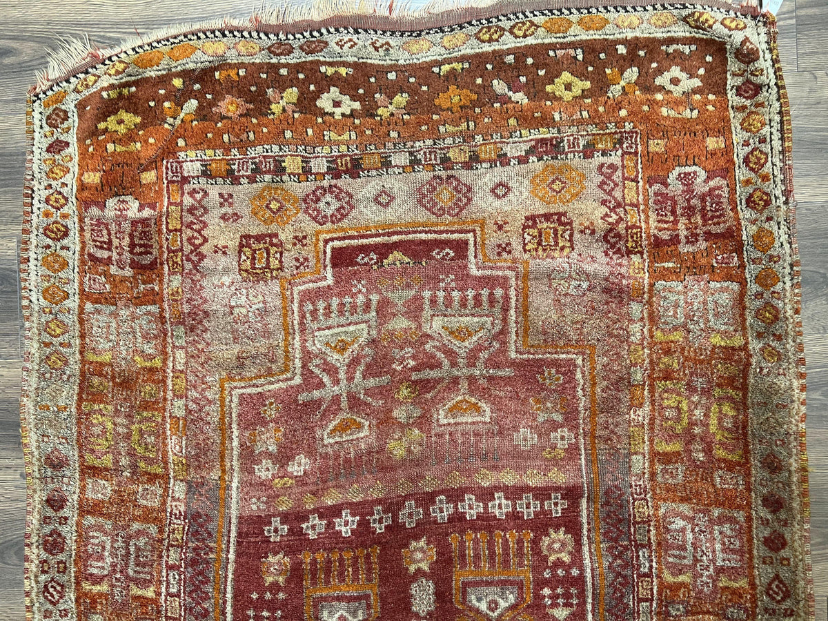 Antique Turkish Melas Rug 4x7, Tribal Geometric Unique Collectible Hand Knotted Wool Oriental Carpet, Rare 1920s Rug, Burnt Orange Red - Jewel Rugs, view 4
