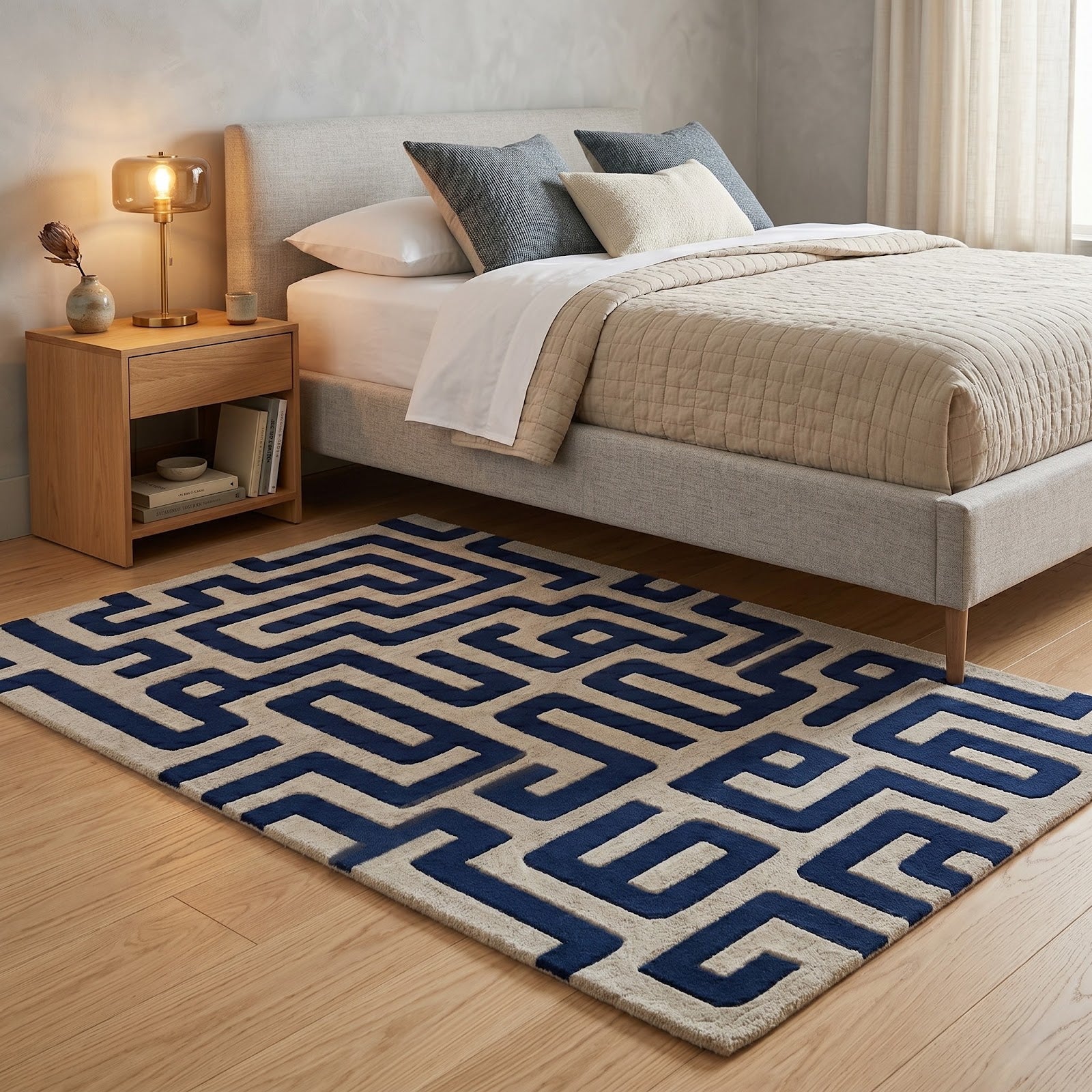 Maze Pattern Hand Tufted Wool Rug | Cobalt Blue & Ivory Geometric Labyrinth Area Rug — 2x3 ft'