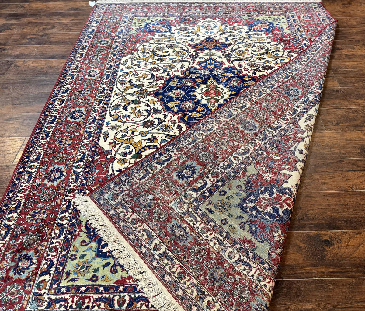 Wonderful Persian Isfahan Rug 7x9, Ivory Navy Blue Red, Floral Medallion, Very Finely Hand Knotted 260 KPSI, Handmade Wool Vintage Rug - Jewel Rugs, view 12