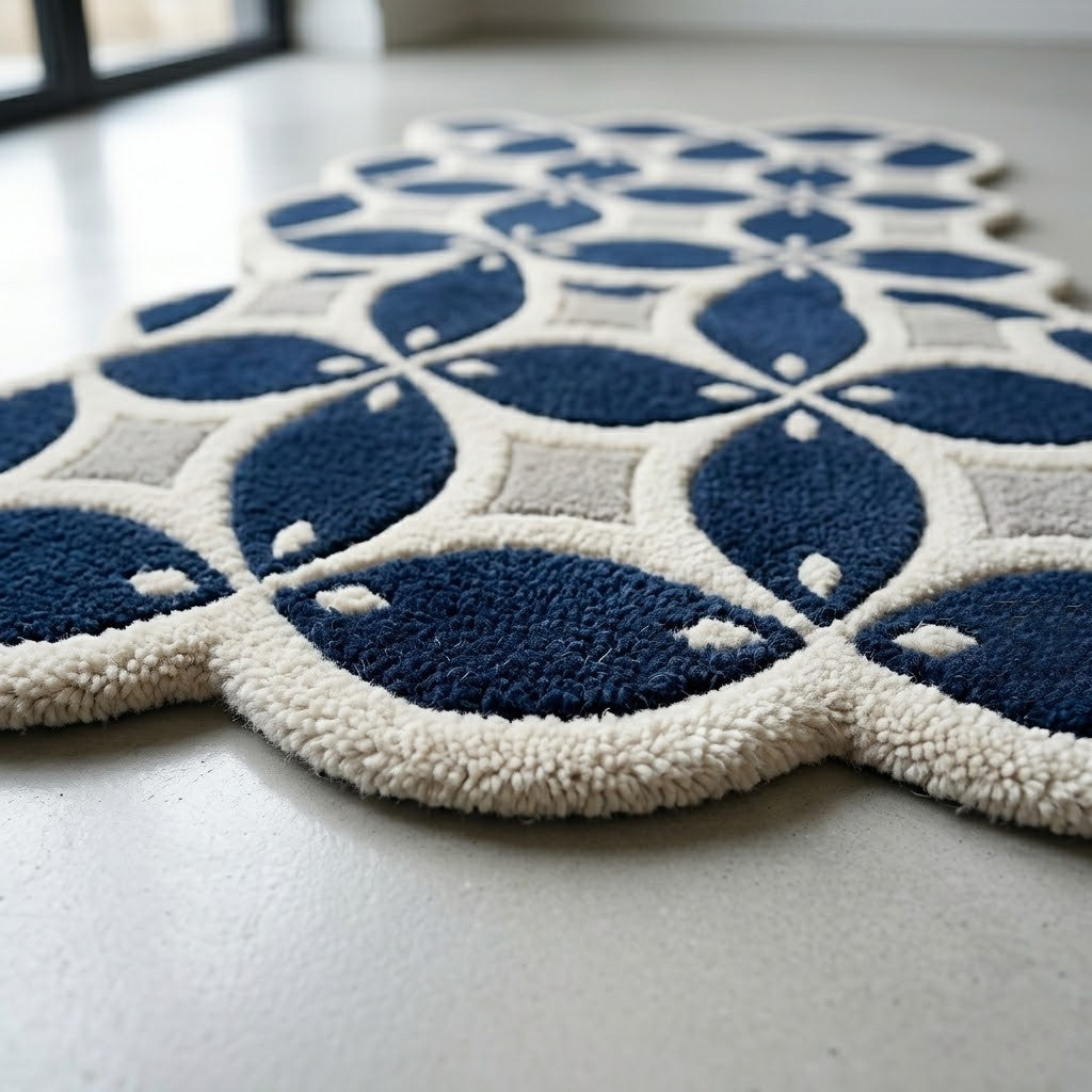 Navy Blue Geometric Hand Tufted Wool Rug | Irregular Trellis Area Rug — 2x3 ft'