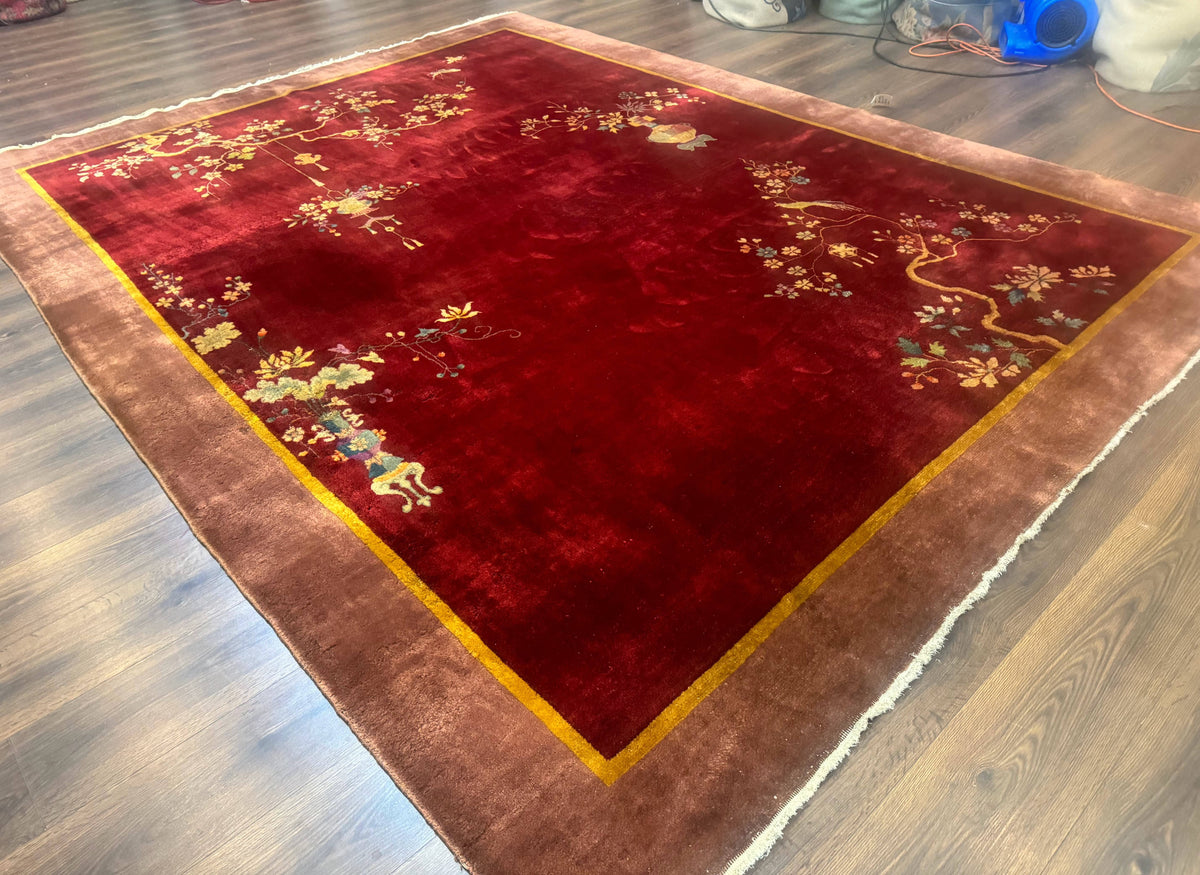 Red Chinese Art Deco Rug 9x11, Simple Design, Wool Chinese Area Rug, Antique - Jewel Rugs, view 13