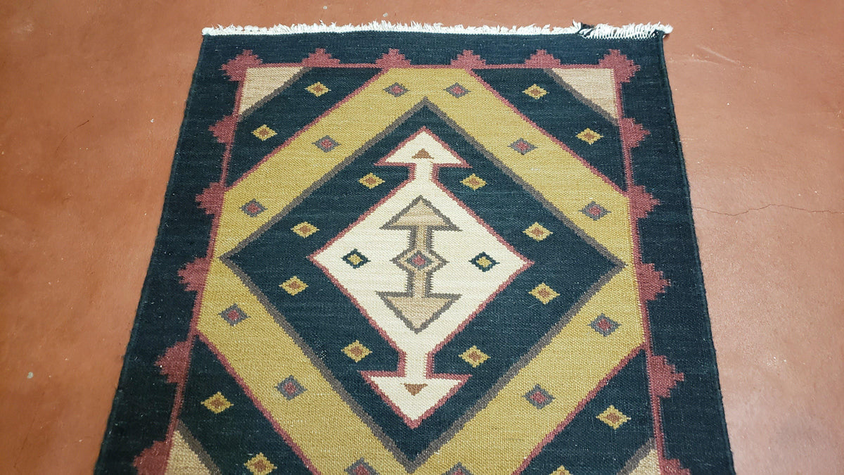 Vintage Indian Kilim Runner Rug, Geometric Flatweave Hand-Knotted Wool Kitchen Hallway Runner, Black Gold & Beige, 2' 8" x 9' 9" - Jewel Rugs, view 4