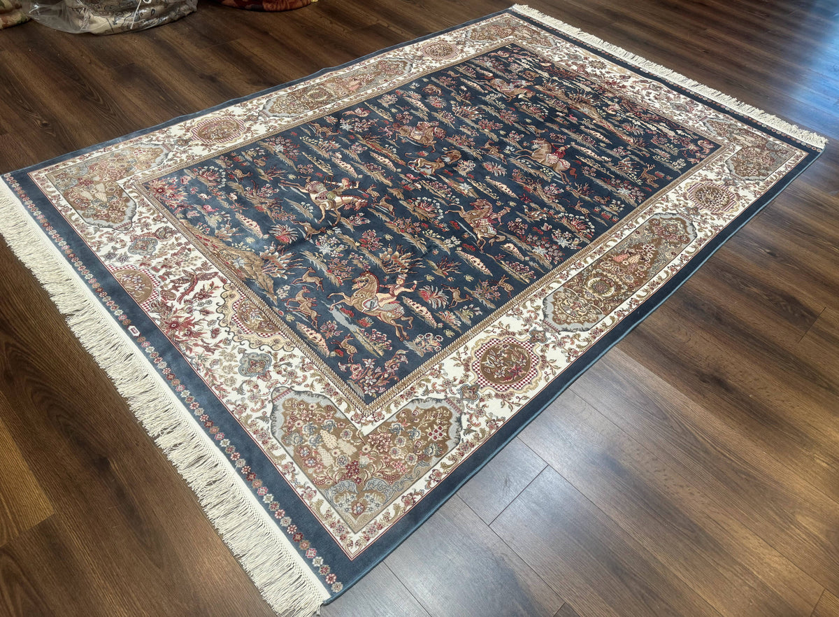 Turkish Silk Rug 5x8, Hunting Design, Animal Pictorials, Steel Blue & Ivory, Bamboo Silk - Jewel Rugs, view 2