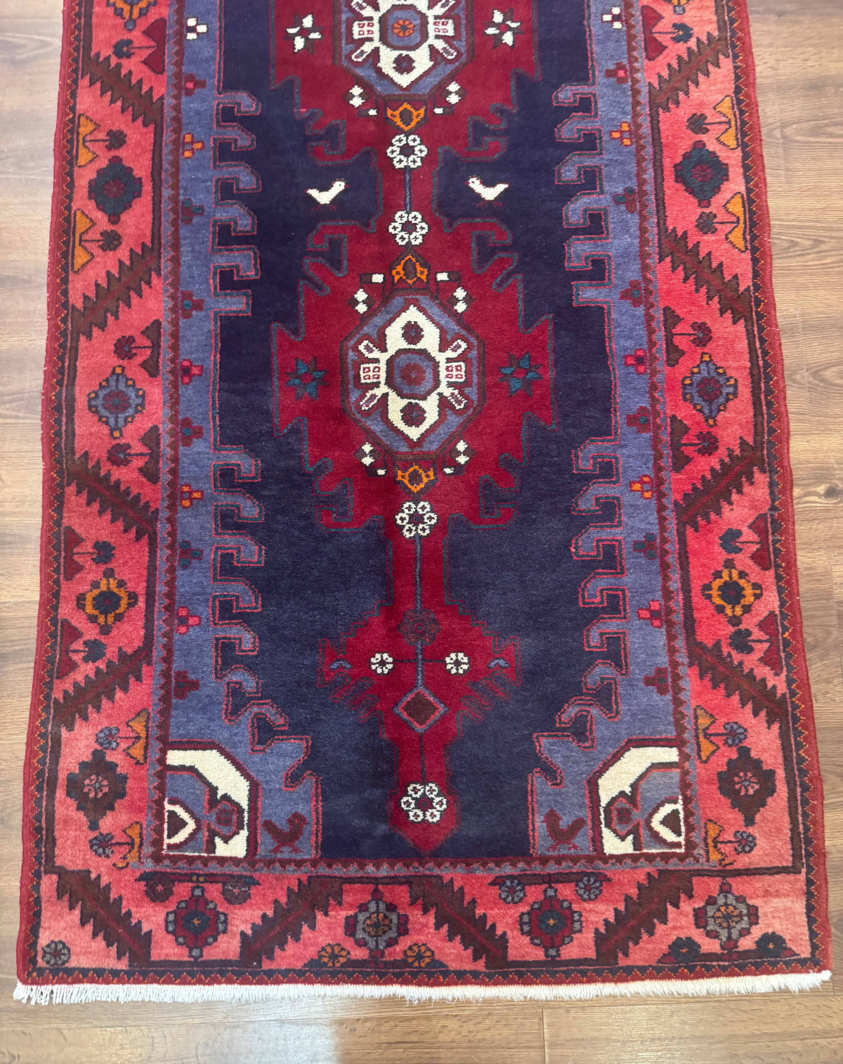 Persian Karajeh Runner Rug 3.6 x 9.5, Geometric Medallions, Tribal Village Rug, Navy Blue, Handmade - Jewel Rugs, view 6