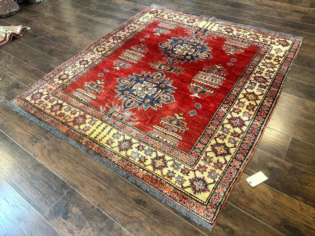 Square Turkish Rug 6x6, Azerbaijani Azeri Turkish Armenian Rug, Red Tan Blue, Geometric, Wool Carpet - Jewel Rugs, view 3